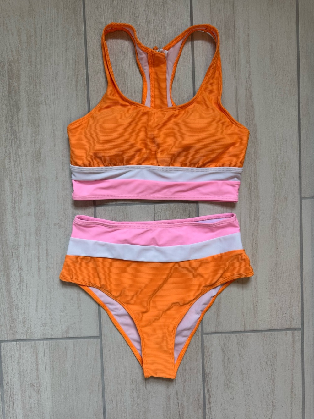 Orange & Pink Colorblock High-Waist Bikini Set